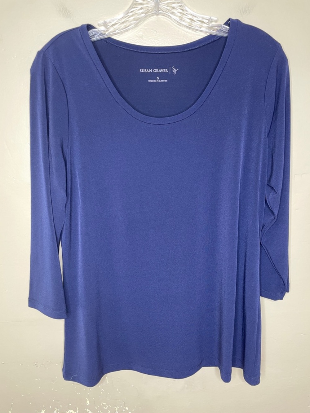 SUSAN GRAVER Essentials Blue Women’s Liquid Knit Basic 3/4 Sleeve Popover Top Sm